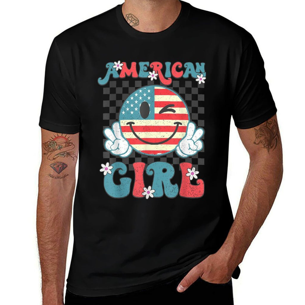 Retro American Girl 4th of July Smile Checkered Womens Girls  Tagless Design T-Shirt