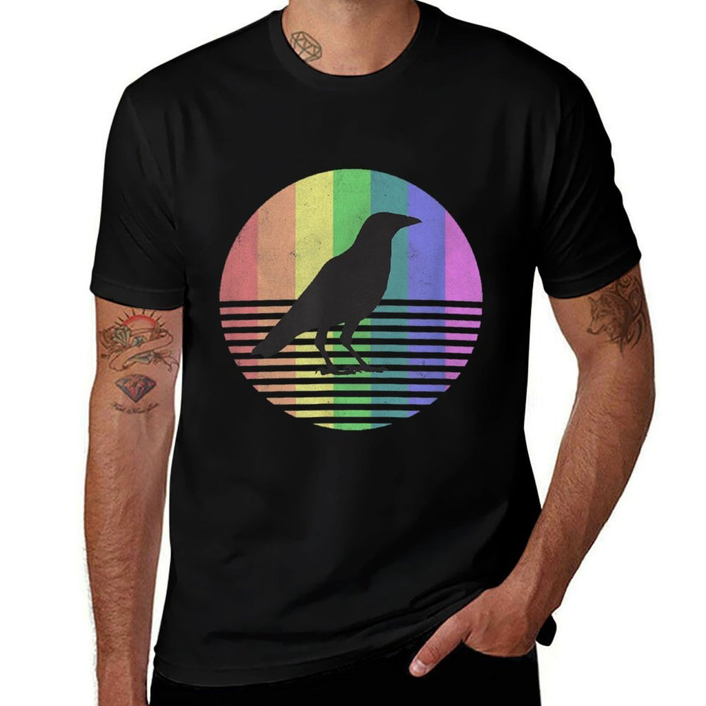 Retro Crow Gay Pride Rainbow 80s Bird Gift Distressed  Moisture-wicking T-Shirt