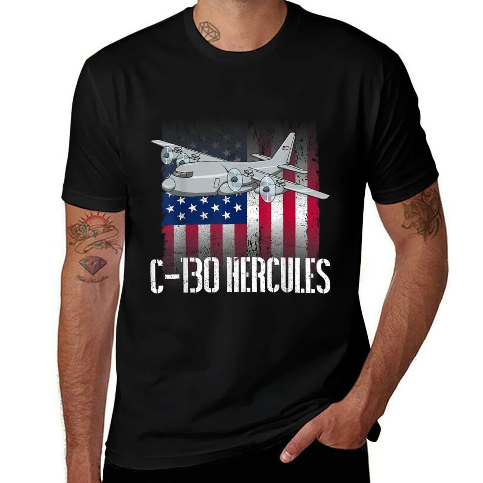 THE SALTY VETERAN C-130 Hercules American Military Airplane - Black, Unisex-Adults, Small,, Modern, Casual, Military, Independen  Easy-care T-Shirt