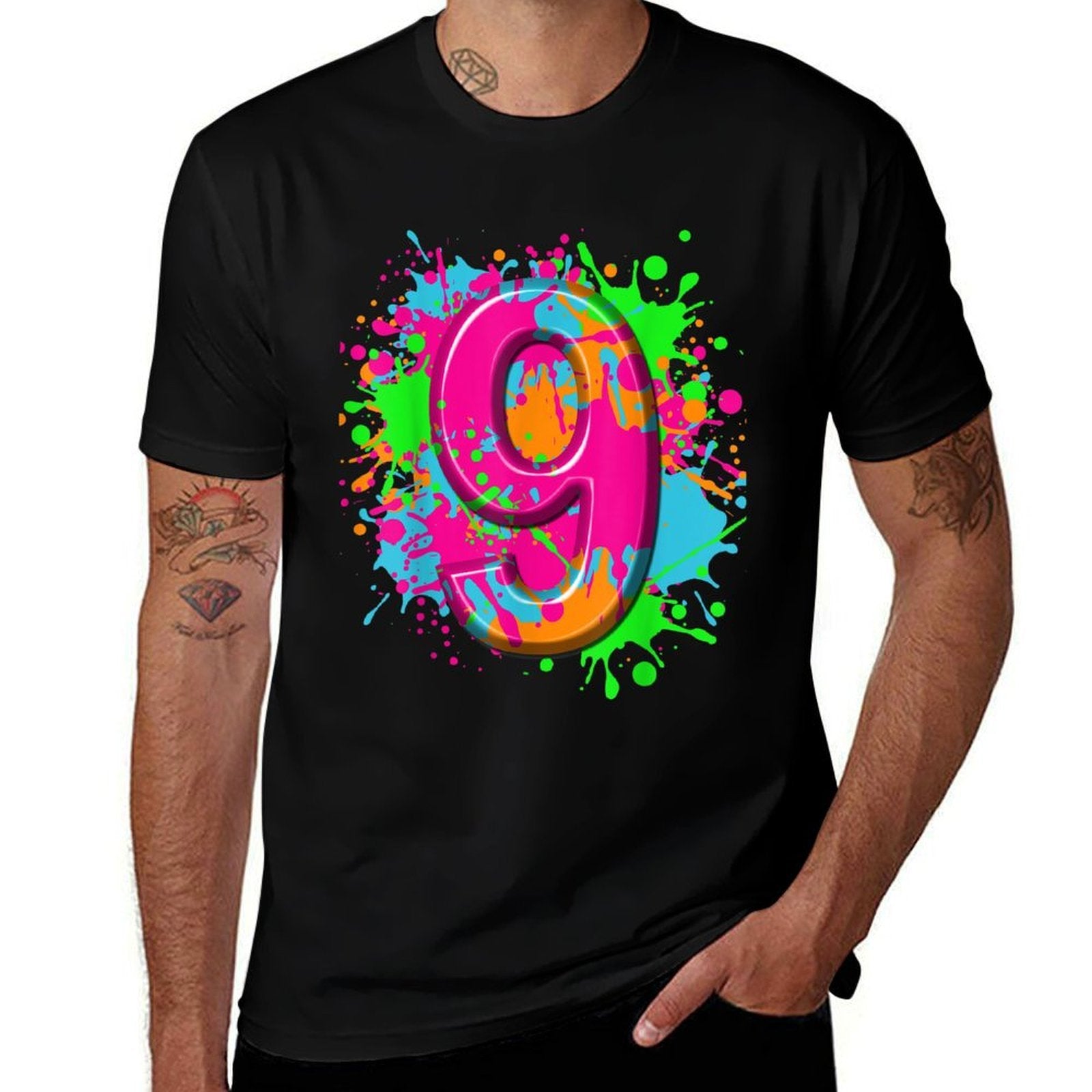 9th Birthday Paint Splashes Kids Girls Boys 9 Year  Breathable T-Shirt