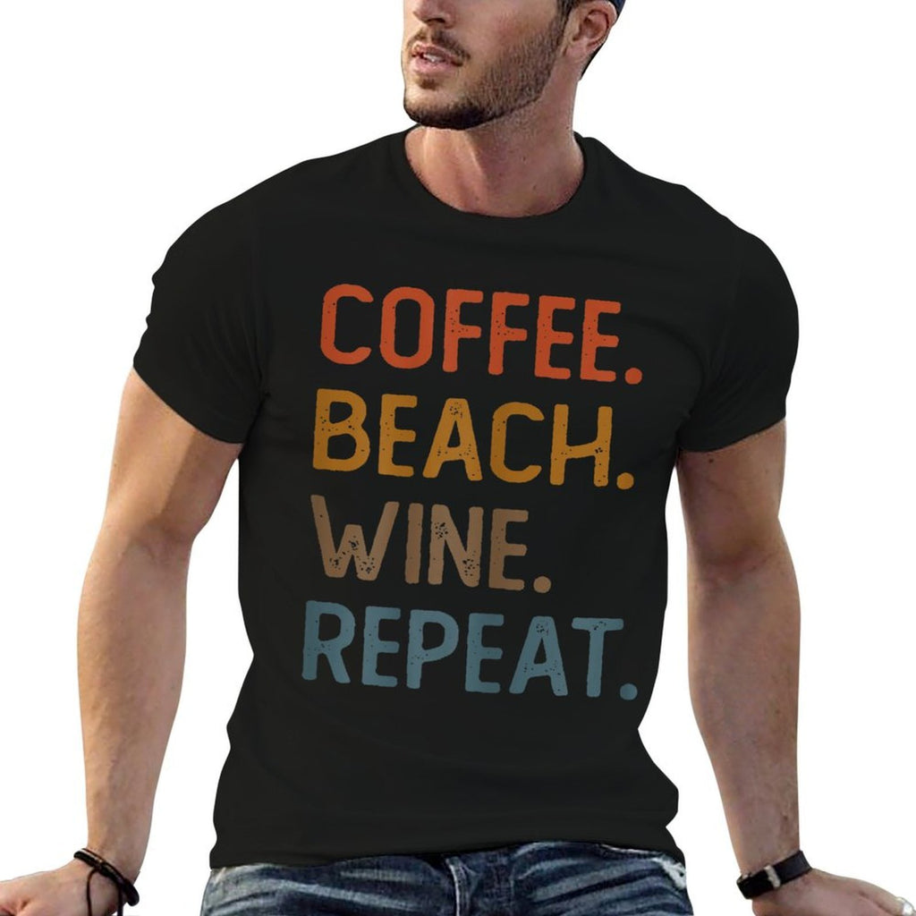 Coffee Beach Wine Repeat Funny Wine Coffee Beach Summer  Ribbed Collar T-Shirt