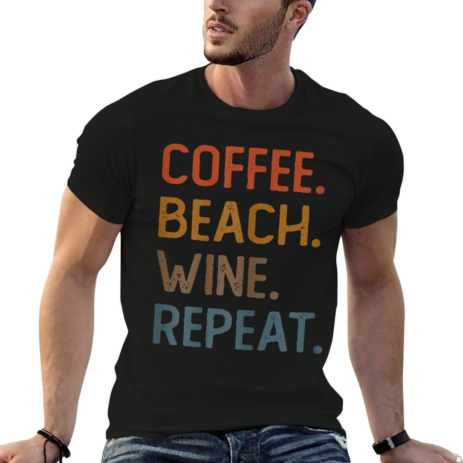 Coffee Beach Wine Repeat Funny Wine Coffee Beach Summer  Ribbed Collar T-Shirt