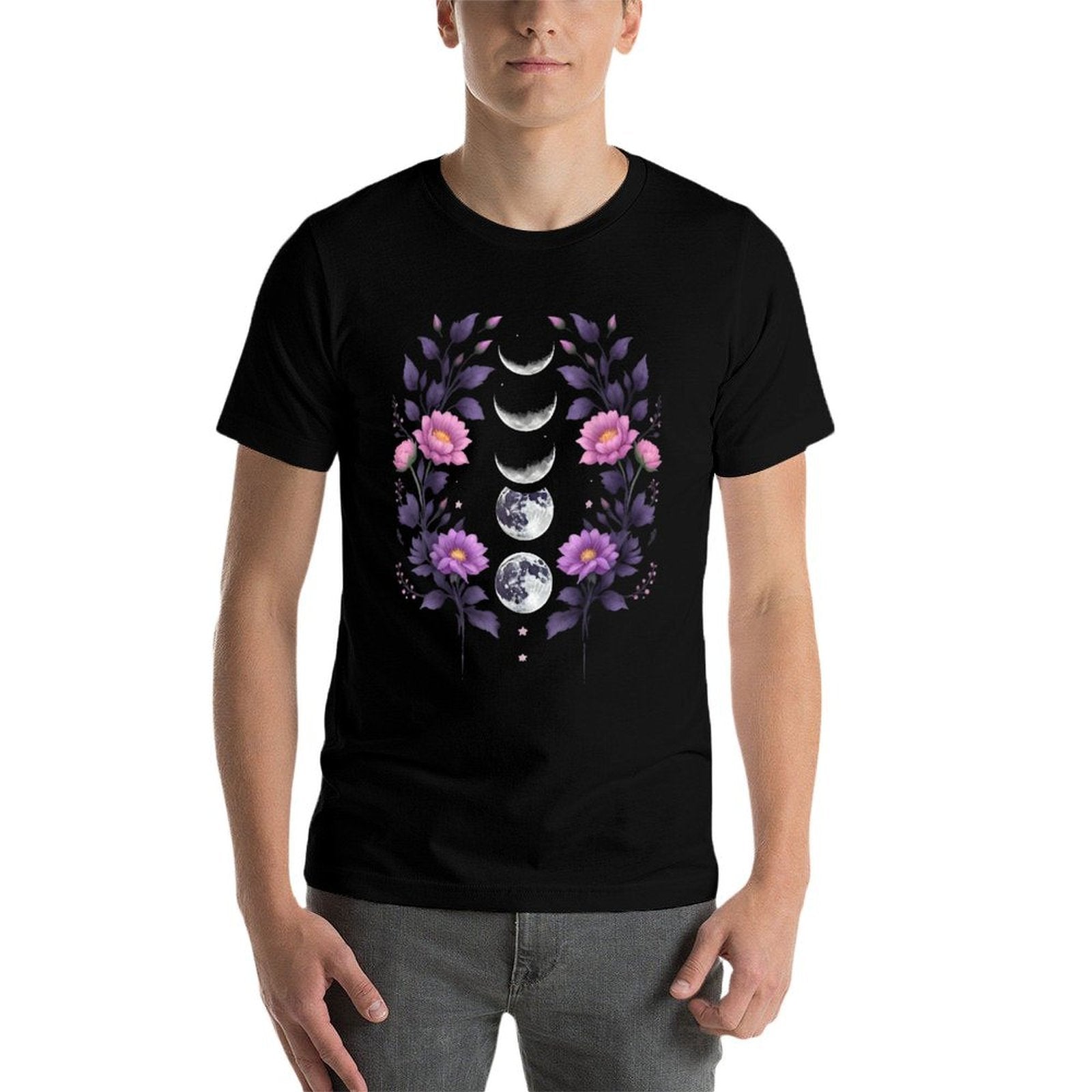 Celestial Moon Phase BOHO Wildflowers Zodiac Witchcore  Heathered Texture T-Shirt