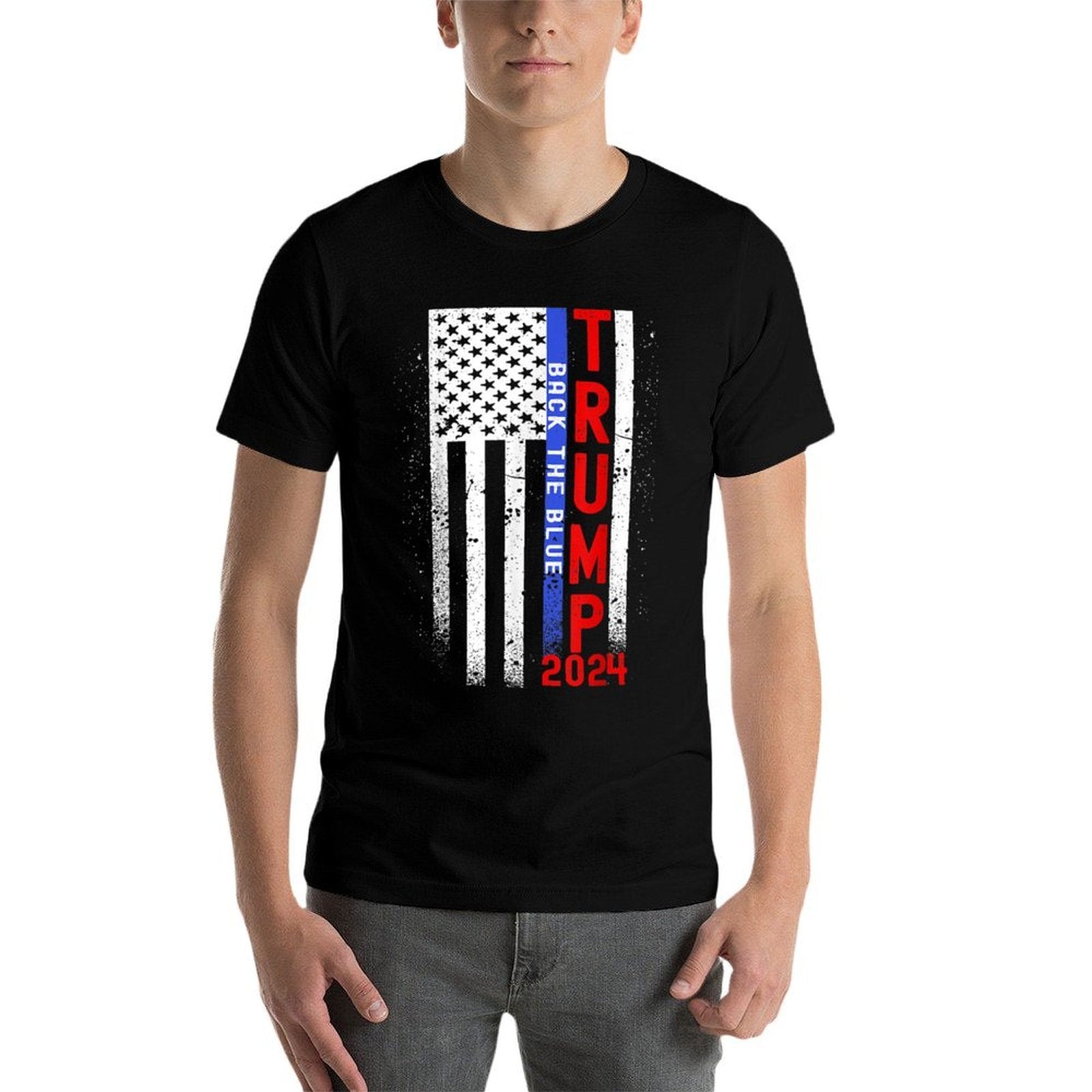 Trump 2024 Back The Blue Thin Blue Line American Flag  Heathered Texture T-Shirt