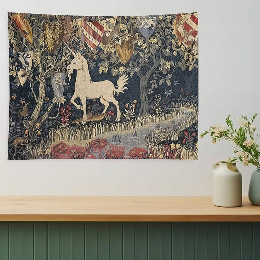 Medieval Unicorn Midnight Floral Tapestry Tapestry