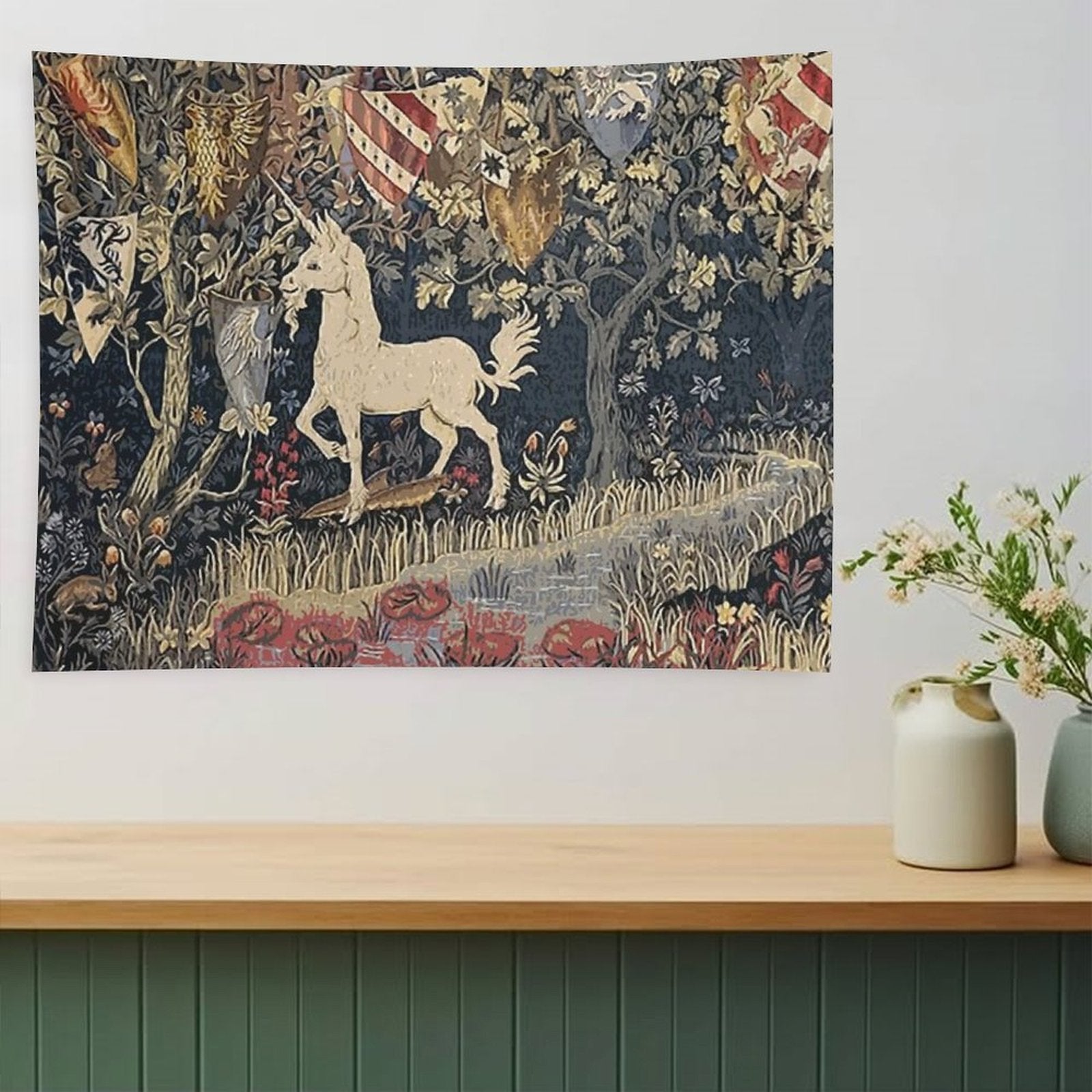 Medieval Unicorn Midnight Floral Tapestry Tapestry