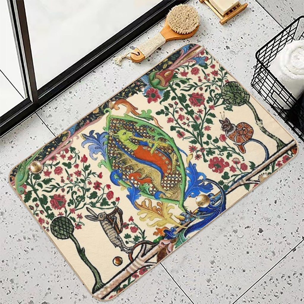 WEIRD MEDIEVAL BESTIARY MAKING MUSIC, Dragon Playing Flute ,Harpist Rabbit,Snail Cat  Slip-Resistant Bath Mat