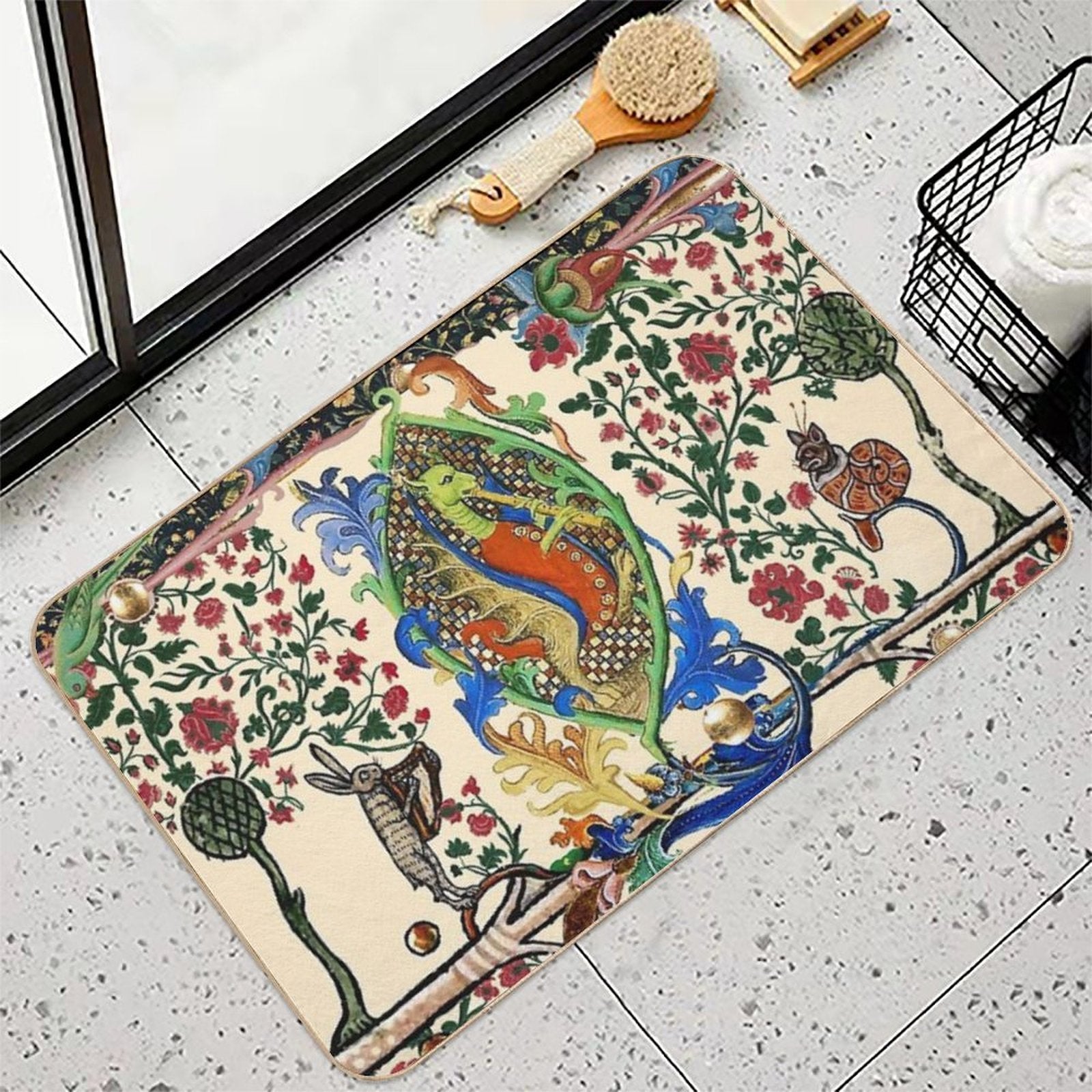 WEIRD MEDIEVAL BESTIARY MAKING MUSIC, Dragon Playing Flute ,Harpist Rabbit,Snail Cat  Slip-Resistant Bath Mat
