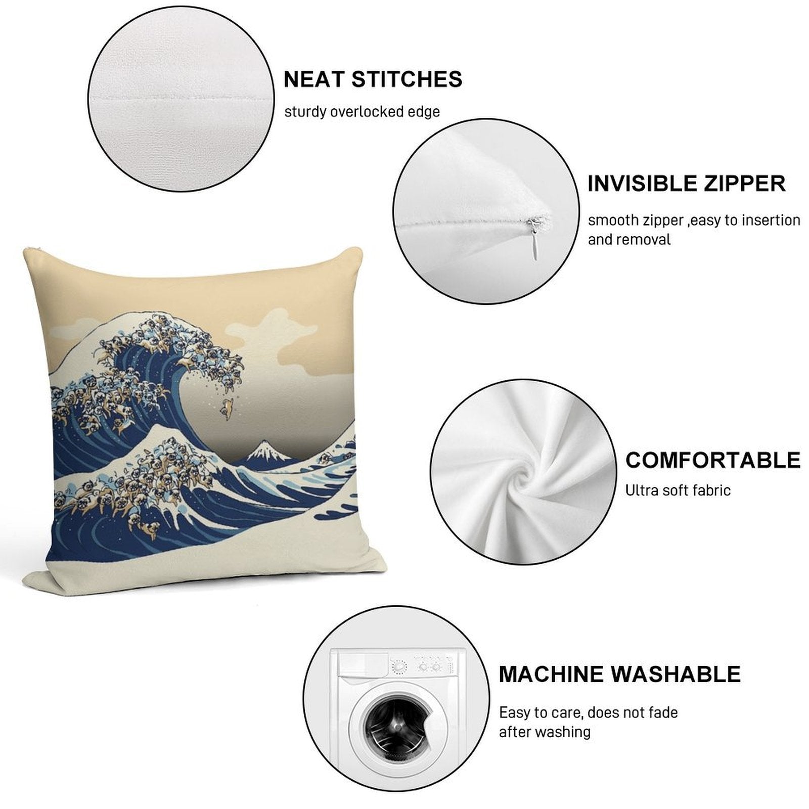The Great Wave of Pugs Vanilla Sky Soft Skin-Friendly Throw Pillow