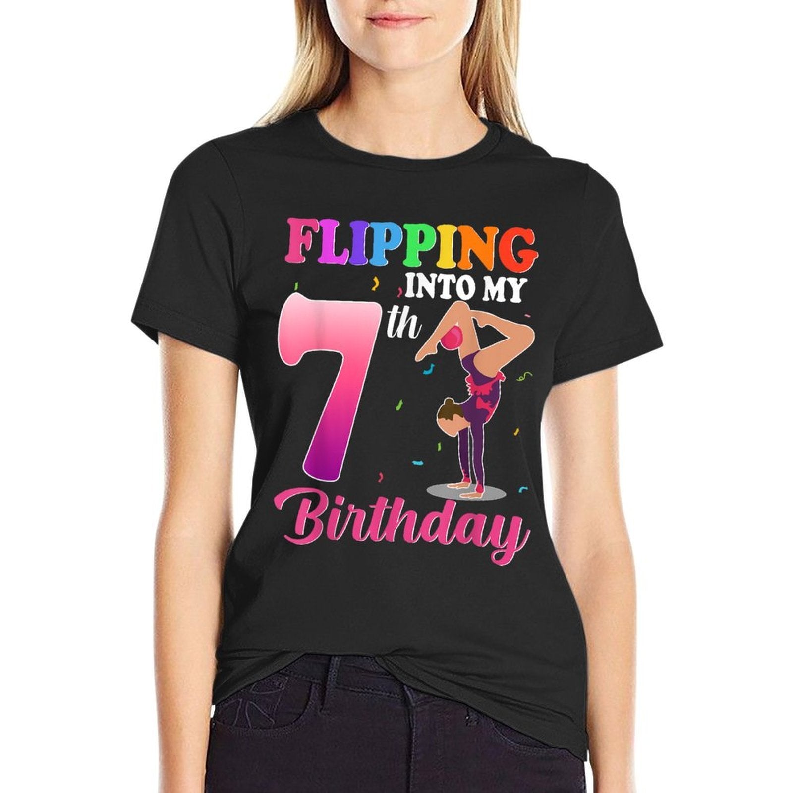 Flipping Into 7th Birthday Girl Gymnastic 7 Year Old Party  Moisture-wicking T-Shirt