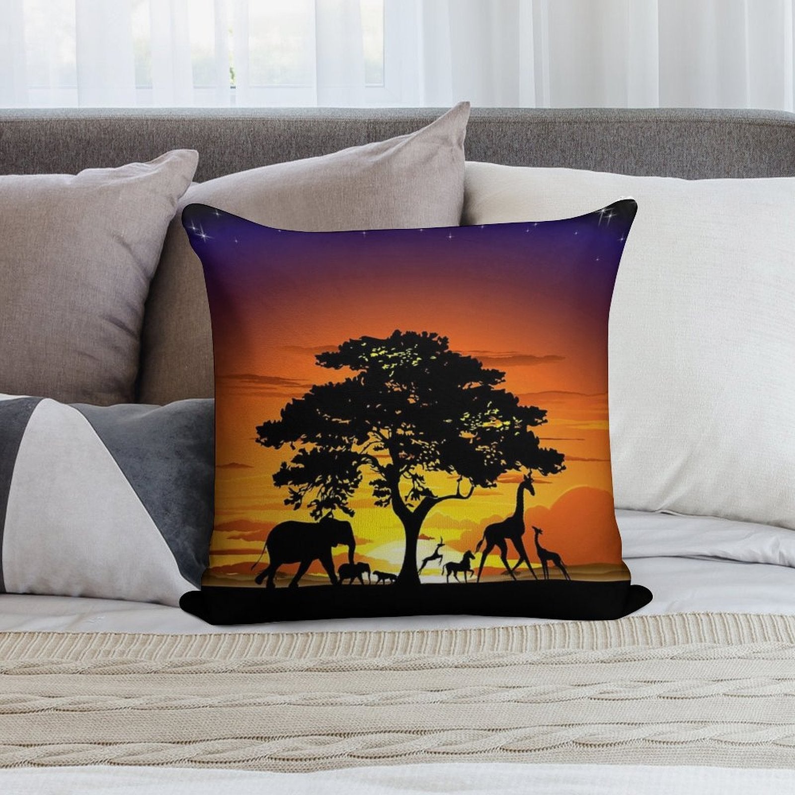 Wild Animals on African Savanna Sunset Soft High-Density Material Throw Pillow