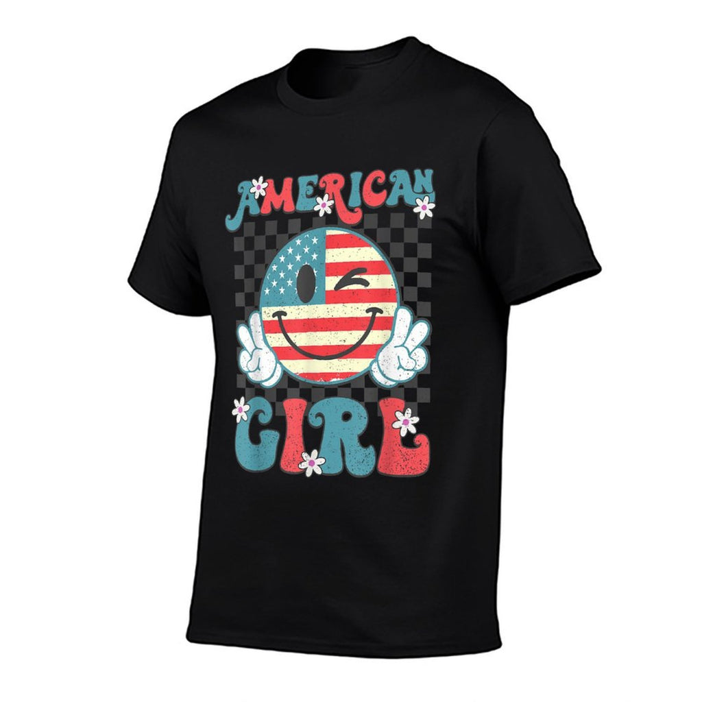 Retro American Girl 4th of July Smile Checkered Womens Girls  Tagless Design T-Shirt