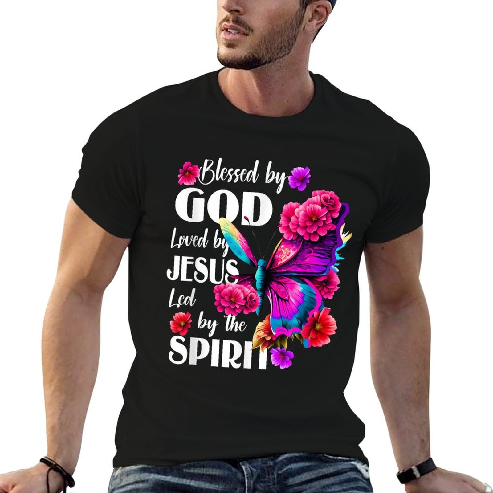 Blessed by God Loved by Jesus Floral Butterfly Christian  Heathered Texture T-Shirt