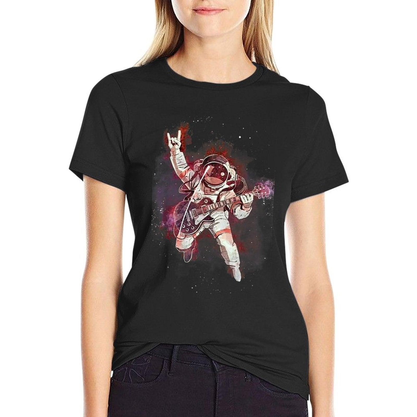 Space Astronaut Playing Guitar Astronomy Electric Guitarist  Rolled Sleeves T-Shirt
