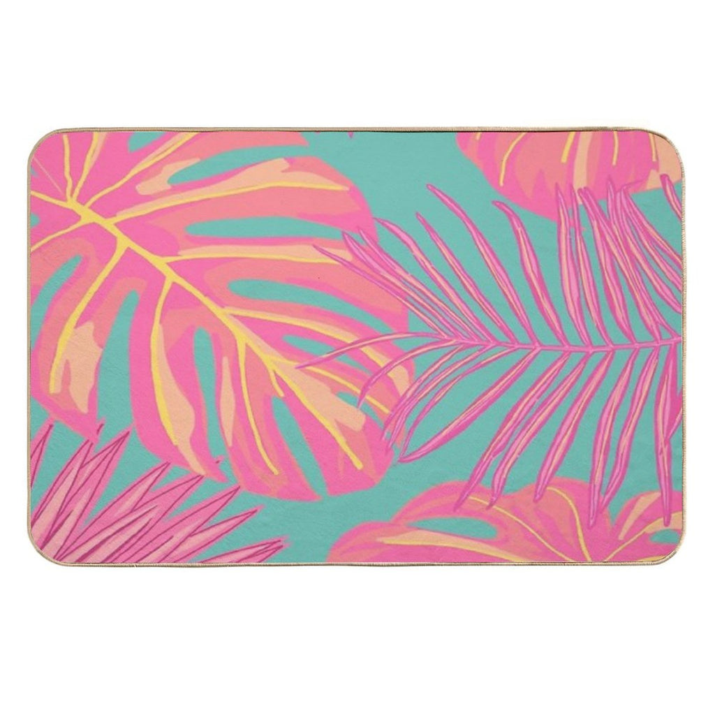 Tropical Leaves in Pink And Turquoise  Easy To Clean Bath Mat