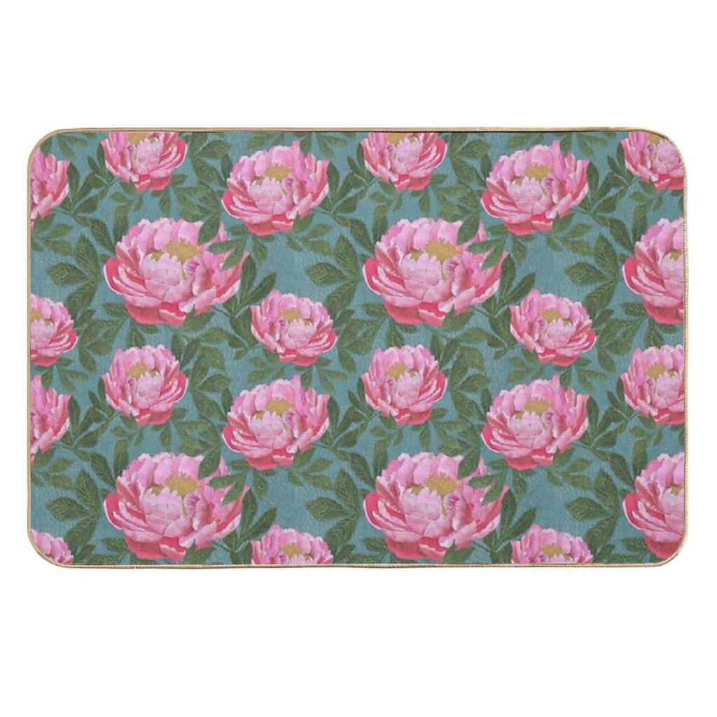 Peony on Teal  Easy To Clean Bath Mat