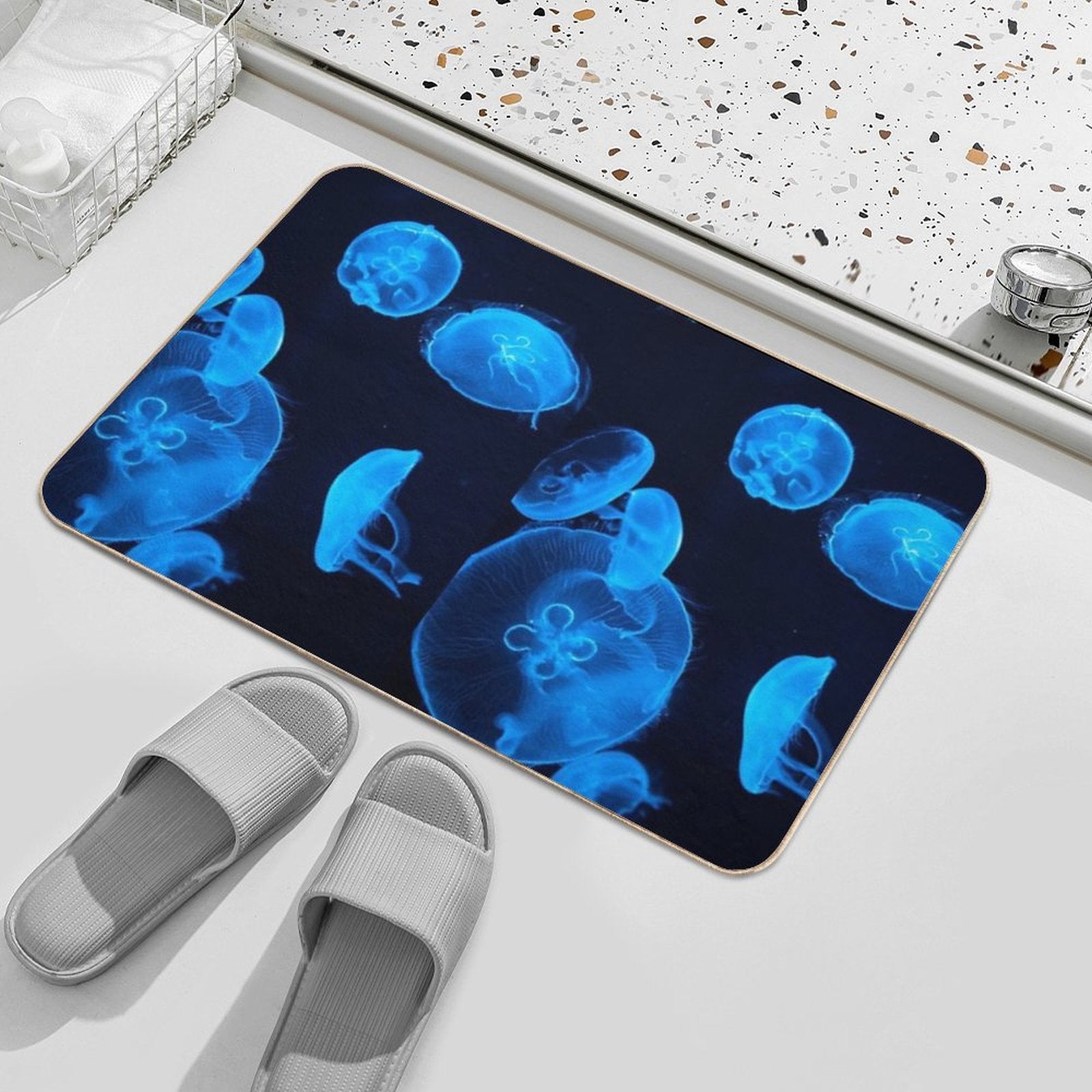 Blue Jellyfish Swimming  Fade-Resistant Bath Mat