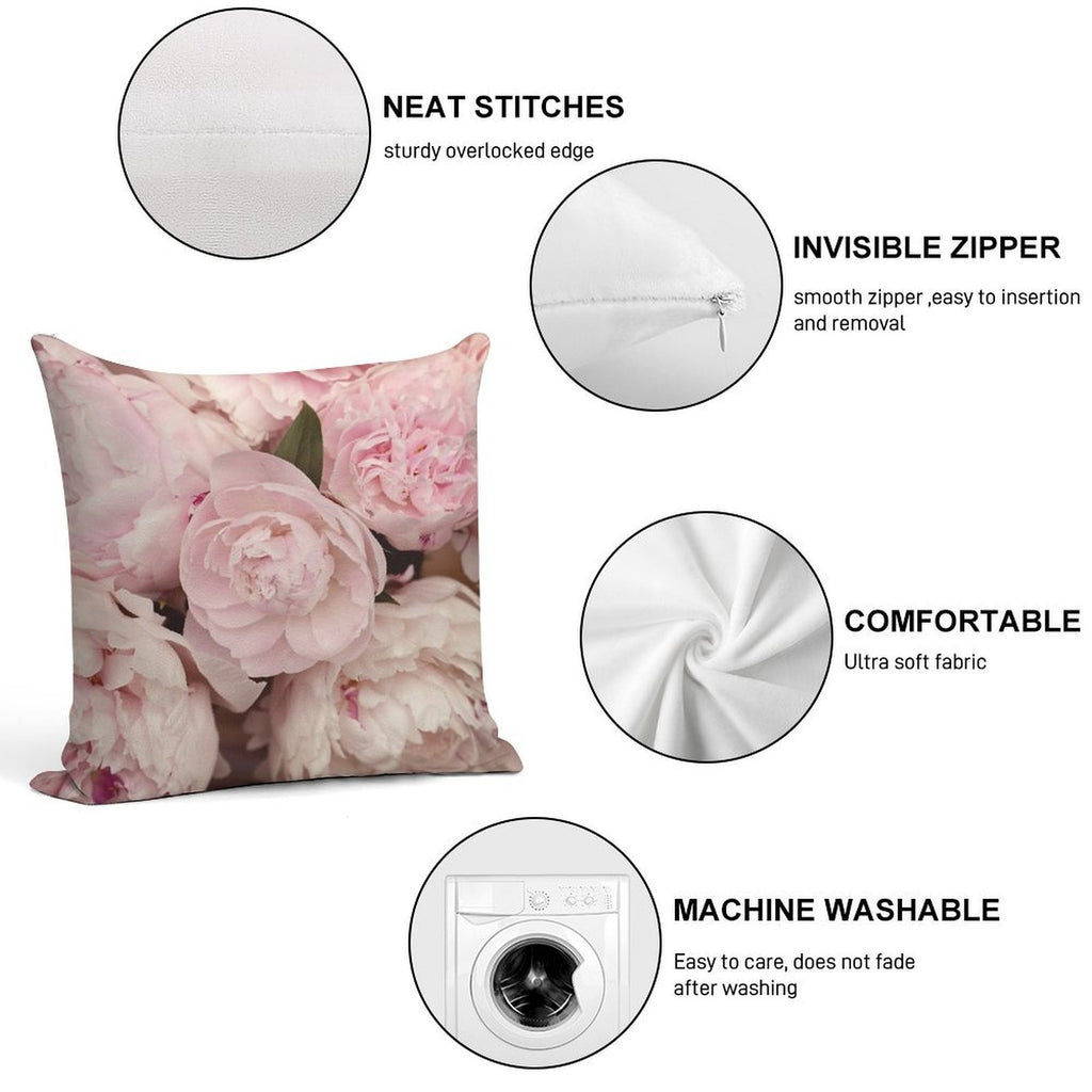 Pink Peony Flowers Soft Hidden Zipper Throw Pillow