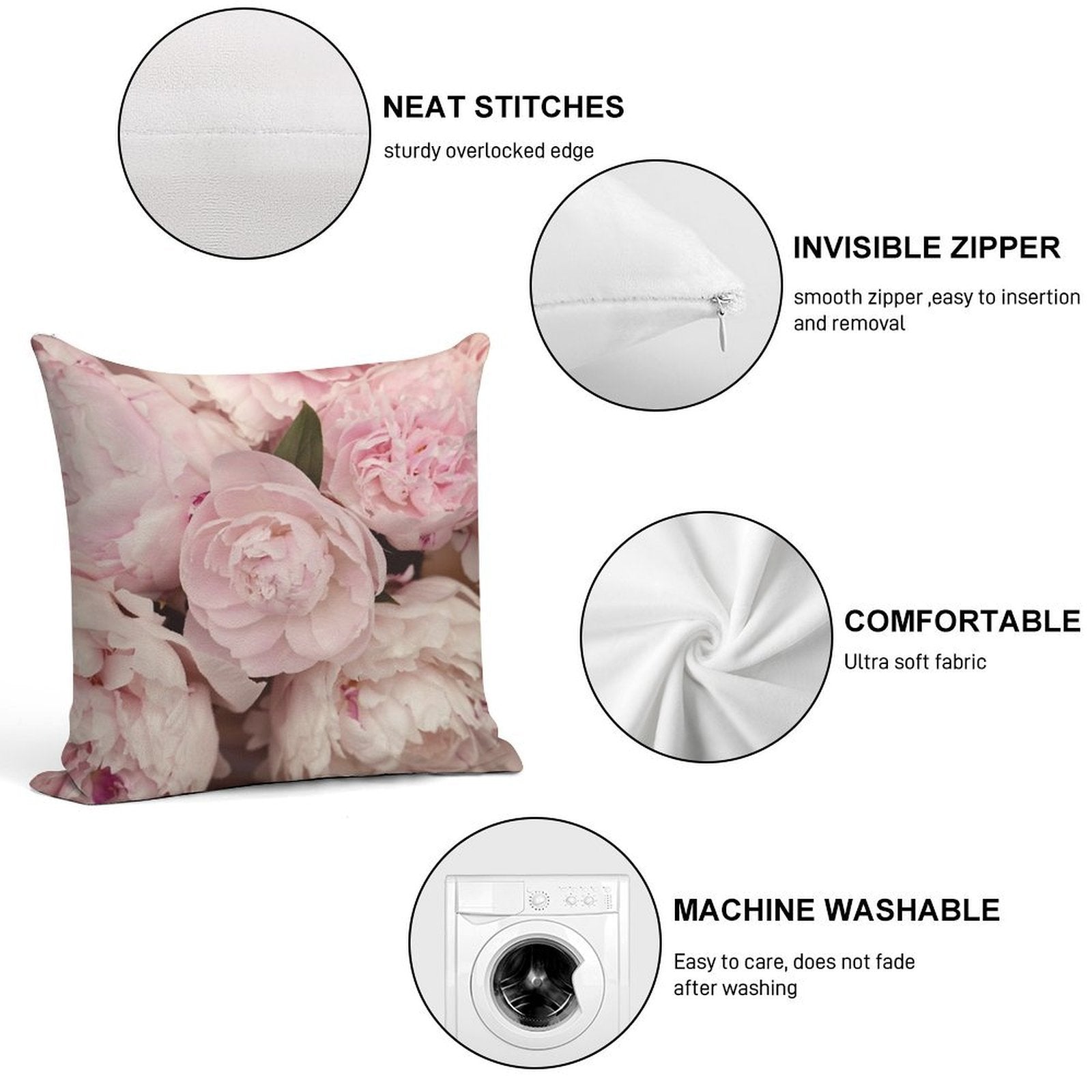 Pink Peony Flowers Soft Hidden Zipper Throw Pillow