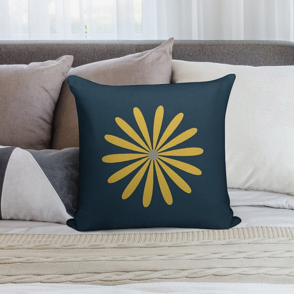 Big Daisy in Light Mustard Yellow And Grey on Navy Blue Minimalist Retro Modern Floral Soft Home Decor Throw Pillow