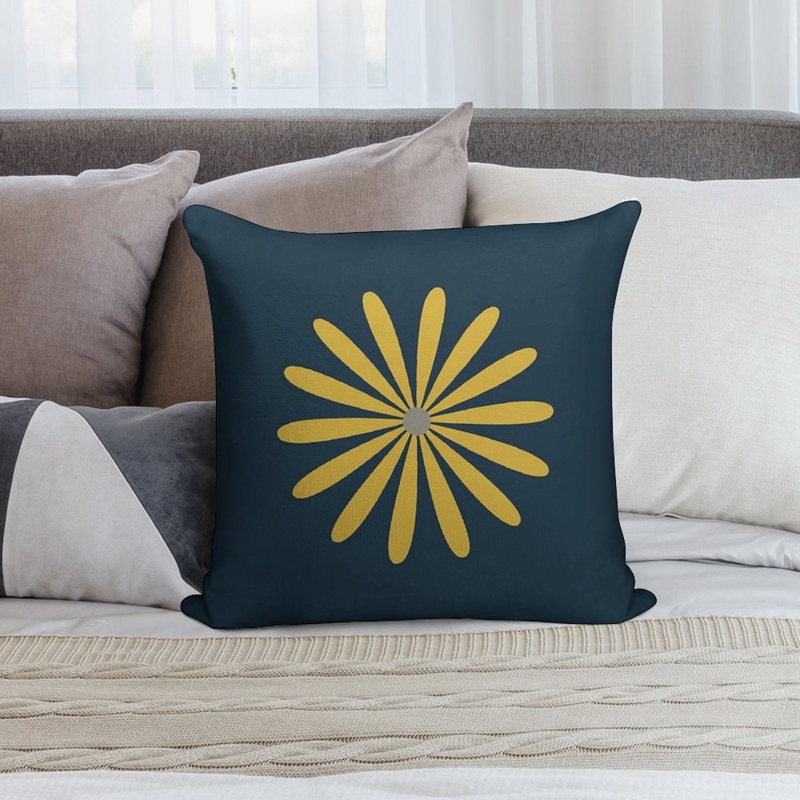 Big Daisy in Light Mustard Yellow And Grey on Navy Blue Minimalist Retro Modern Floral Soft Home Decor Throw Pillow