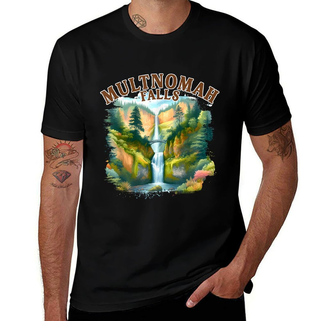 Multnomah Falls Waterfall Oregon Nature Exploring Travel  Rolled Sleeves T-Shirt