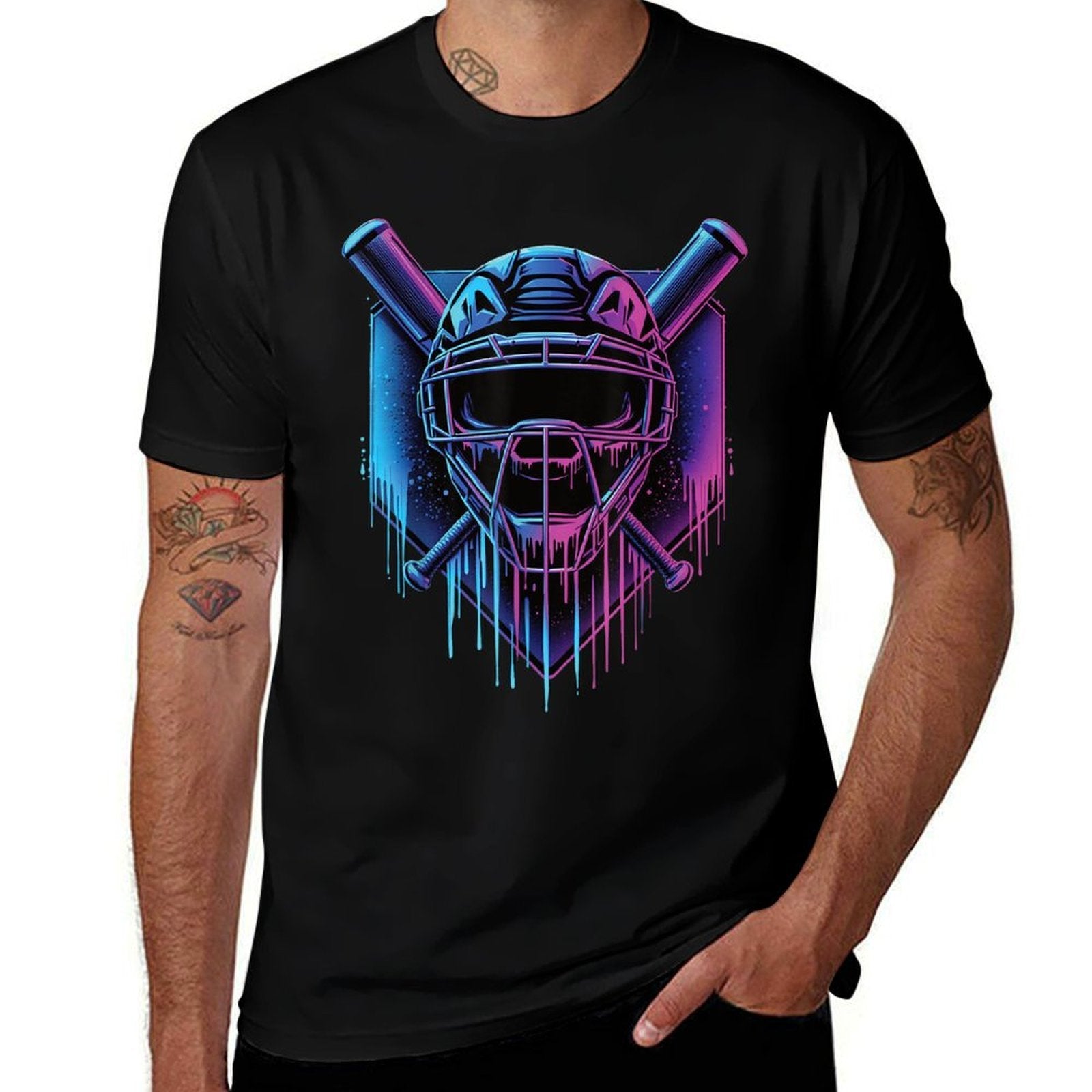Baseball Catcher Mask Paint Dripping Baseball Fan Young Boys  Ribbed Collar T-Shirt