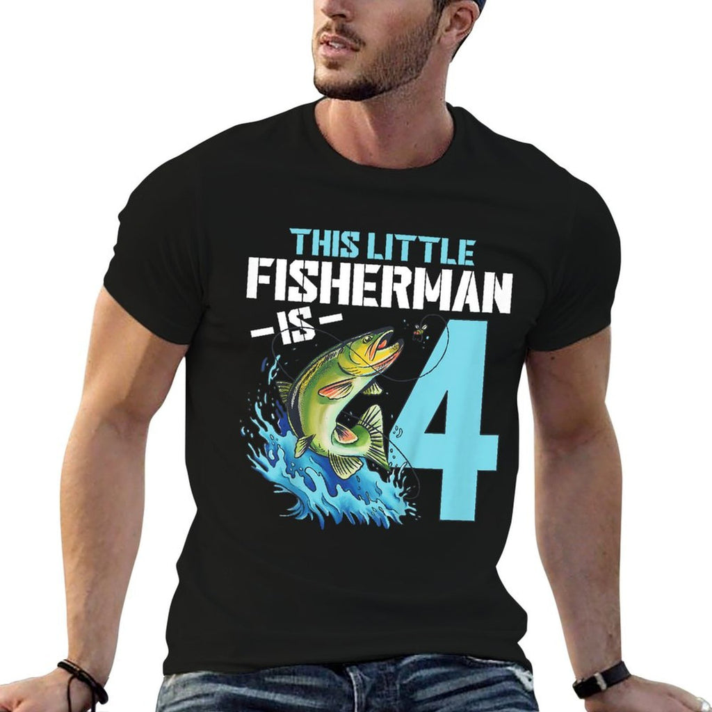 Kids Fishing Birthday 4 Year Old Boy Fisher 4th Bday Kids  Rolled Sleeves T-Shirt