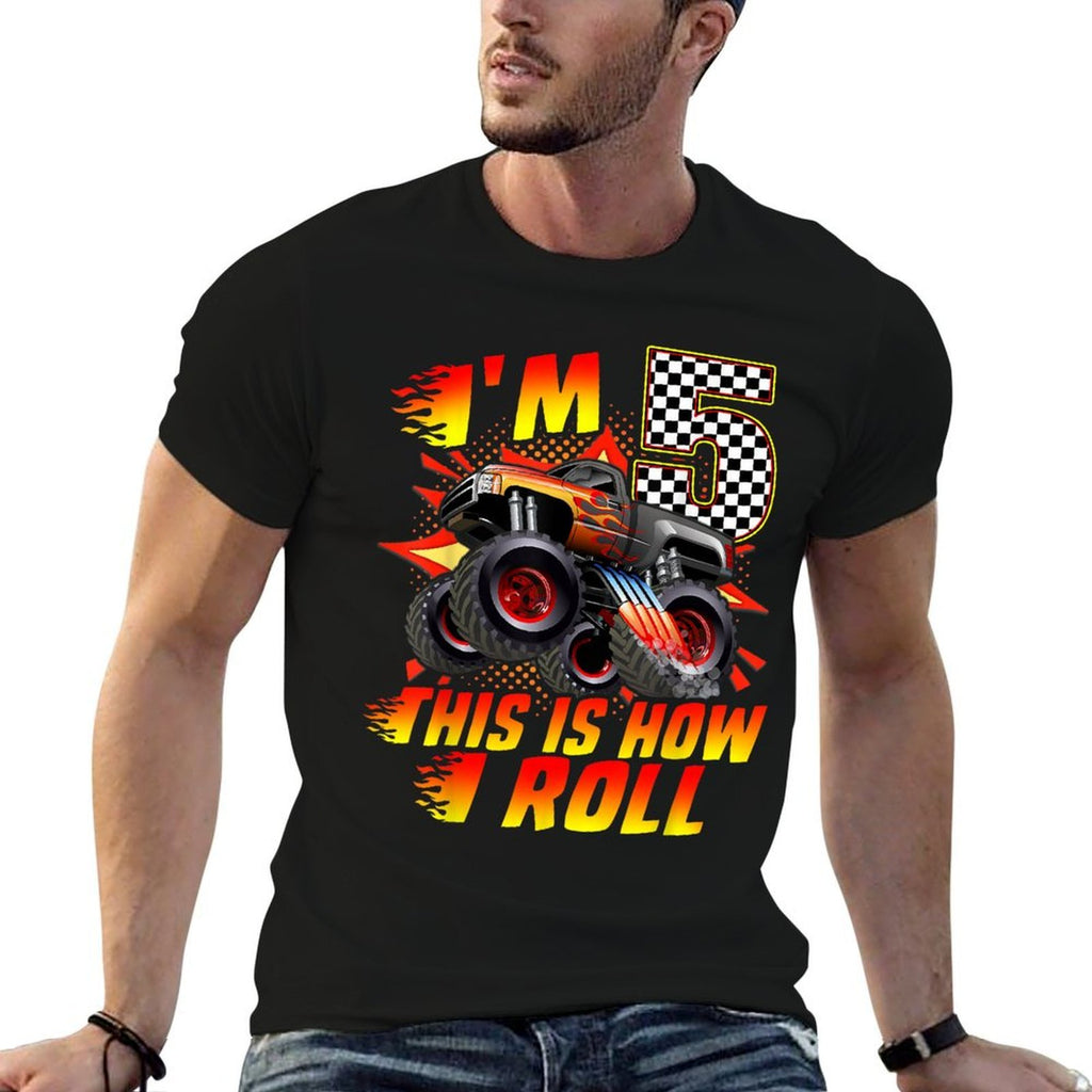 I'm 5 This Is How I Roll Monster Truck Car 5th Birthday Boys  Oversized Silhouette T-Shirt