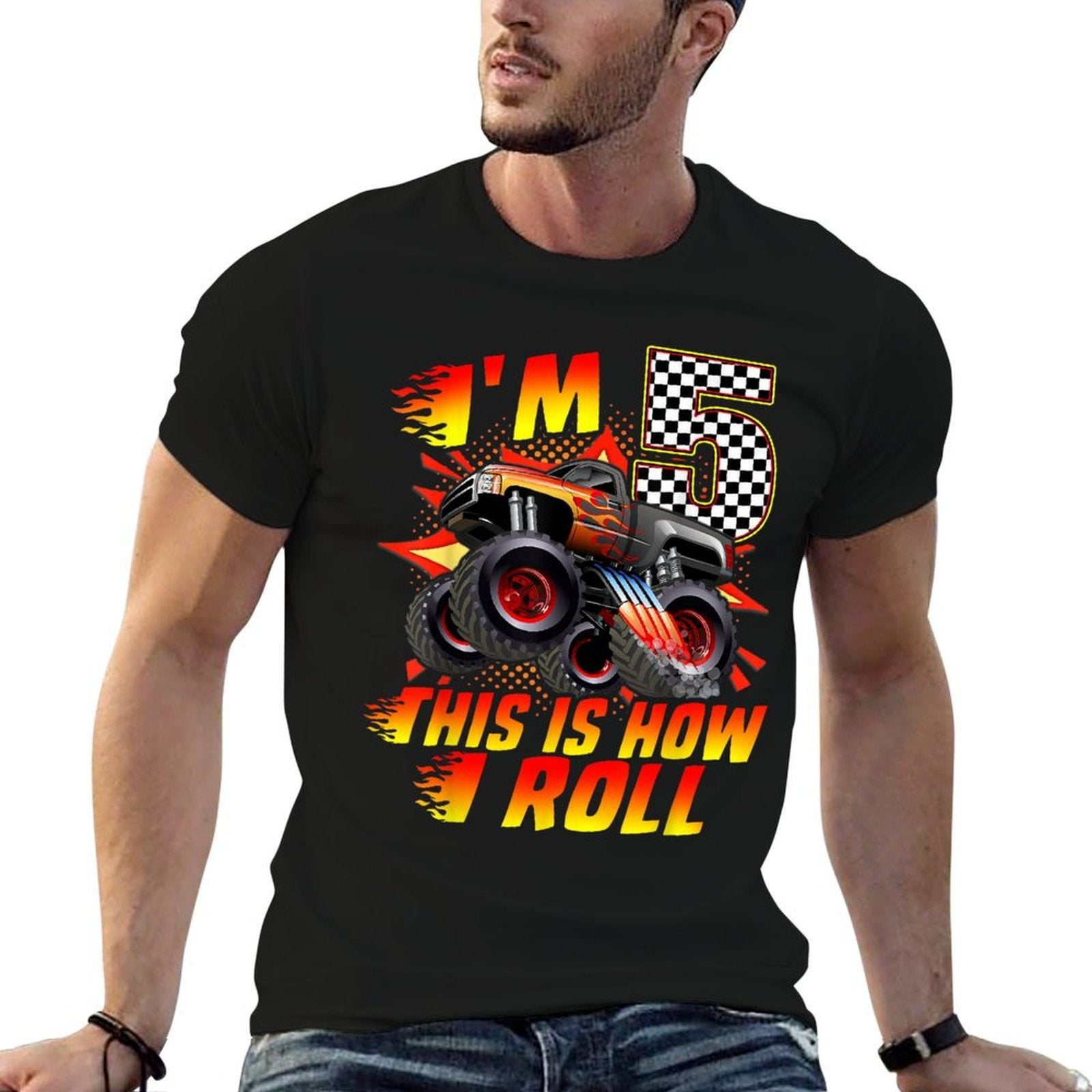 I'm 5 This Is How I Roll Monster Truck Car 5th Birthday Boys  Oversized Silhouette T-Shirt