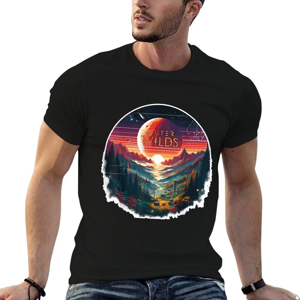 Outer Wilds Text Moon Mountain Forest Tree House Sun  Oversized Silhouette T-Shirt