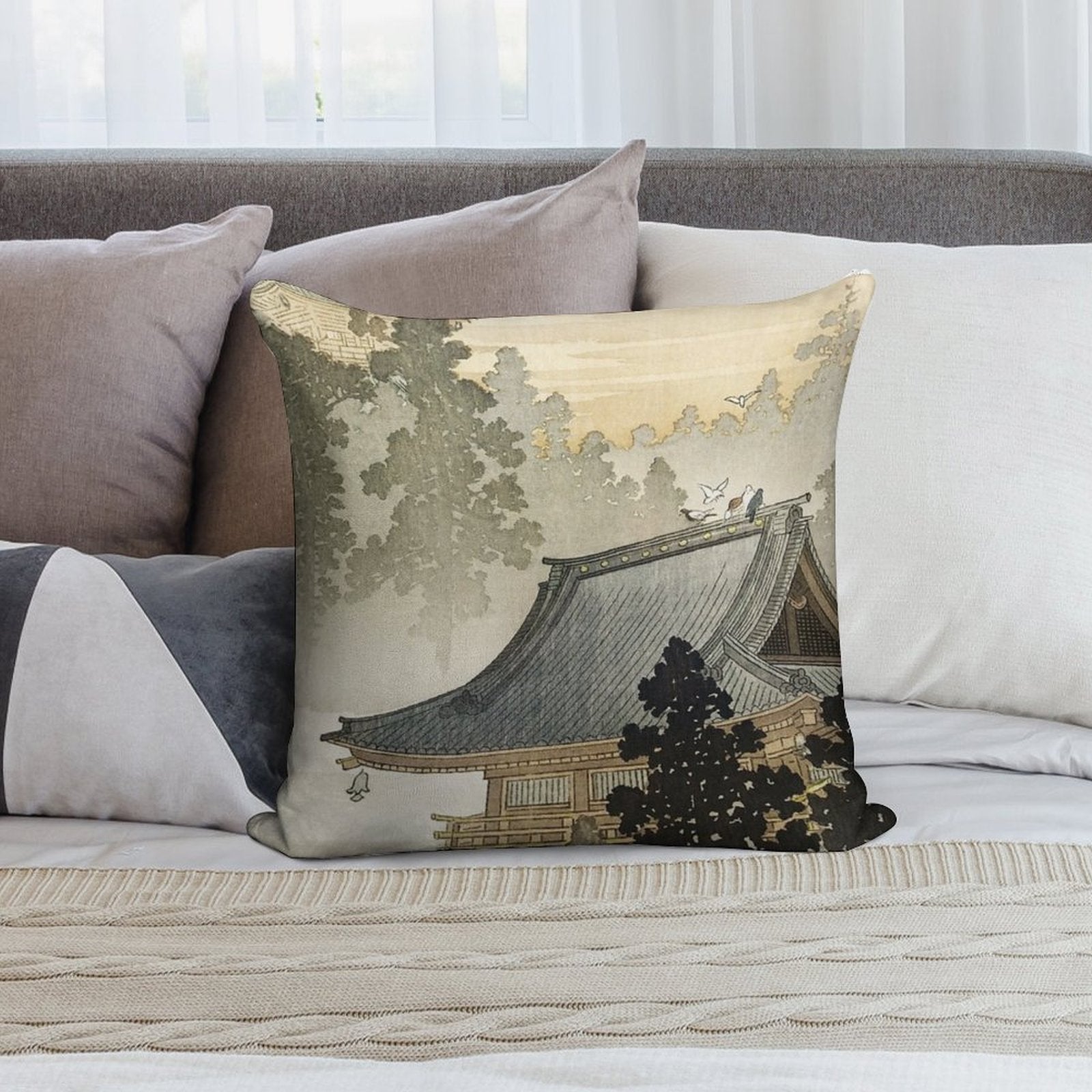 Pagoda - Japanese Art 1900s Soft Bedroom Essential Throw Pillow