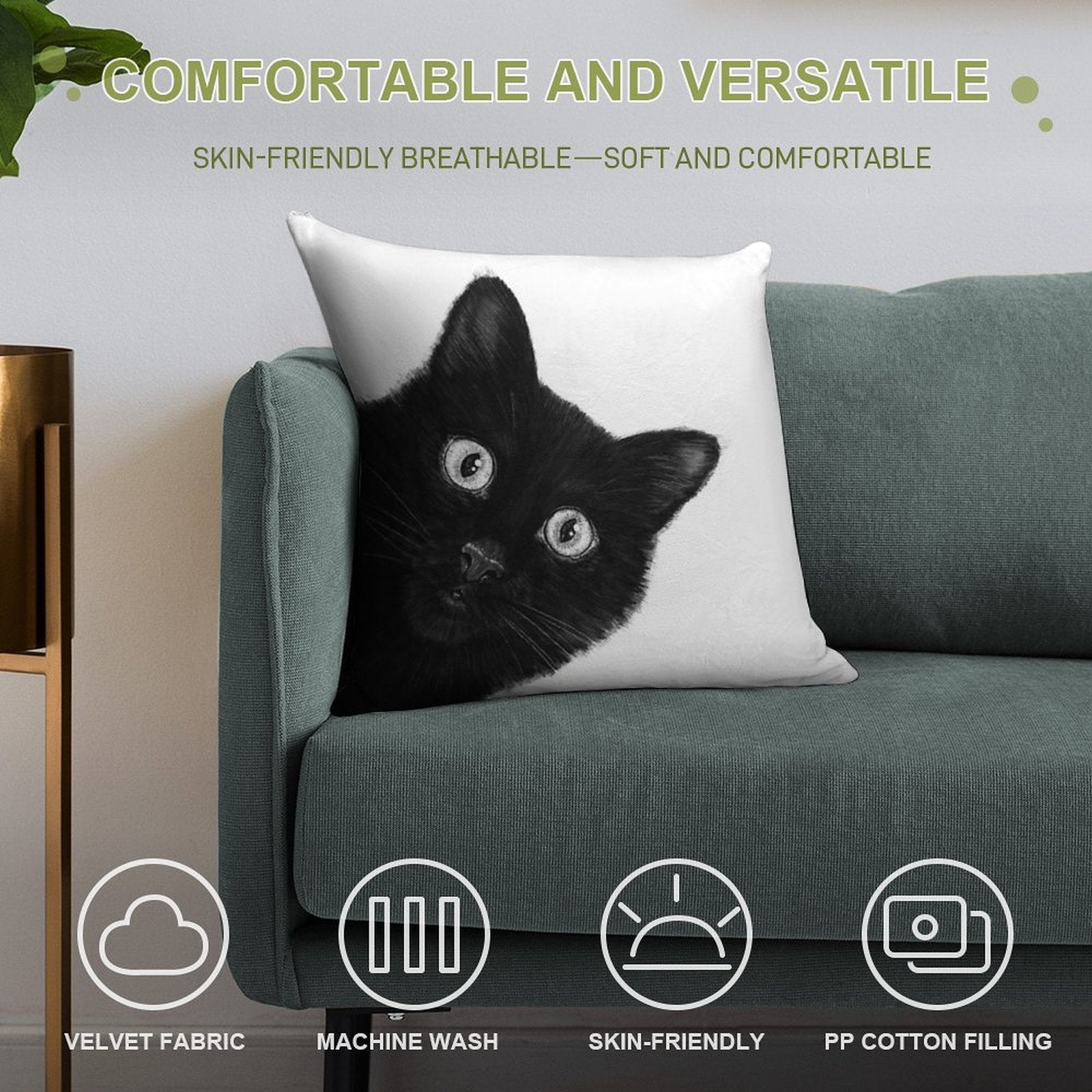 Black Cat Soft Short Plush Fabric Throw Pillow