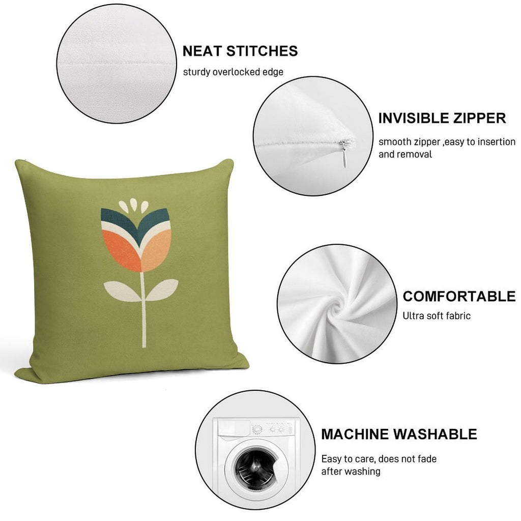 Retro Tulip - Orange And Olive Green Soft Decorative Cover Throw Pillow