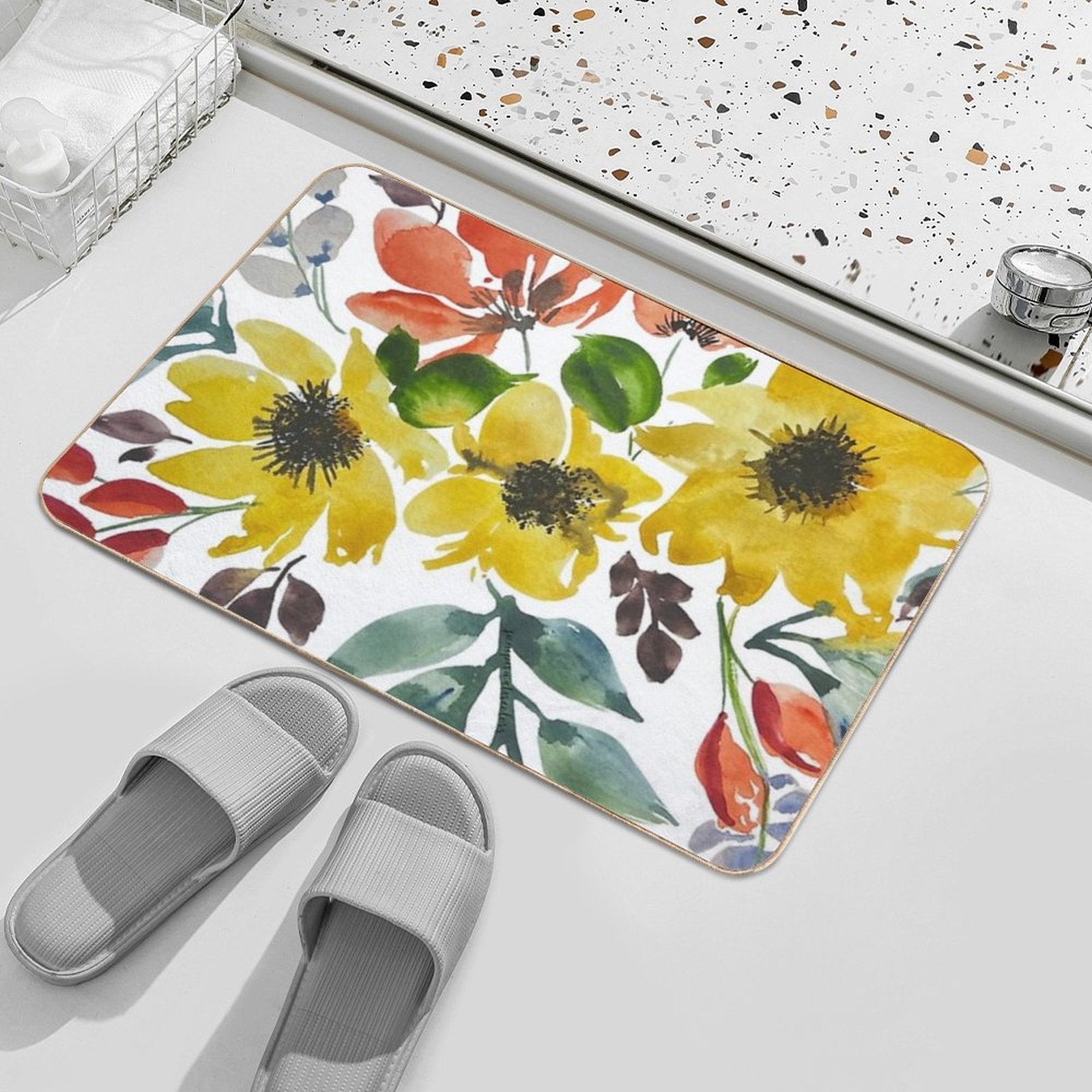 Watercolor Flowers Sunny Yellow Flowers  Non-Slip Bath Mat