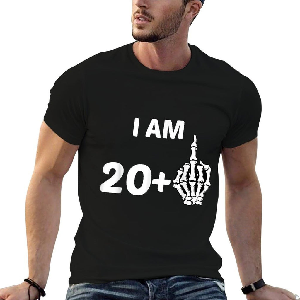 I Am 20 Plus Middle Finger Skeleton Bone Funny 21st Birthday  Ribbed Collar T-Shirt
