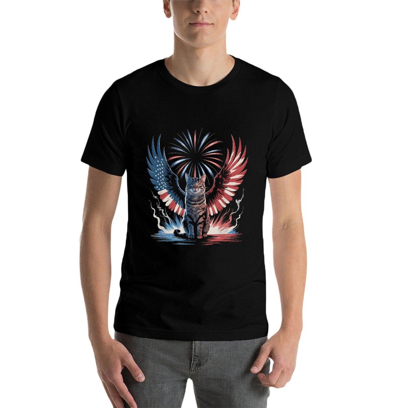 Patriotic Cat with Wings 4th of July Fireworks Design  Summer-ready Fabric T-Shirt