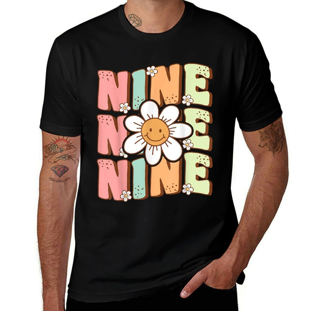 Cute Groovy 9th Birthday Party Daisy Flower Nine Year Old  Graphic-printed T-Shirt