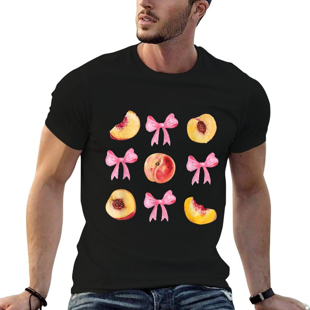 Peach Fruit Pink Bows Fruit Aesthetic Coquette Girl Peach  Ribbed Collar T-Shirt