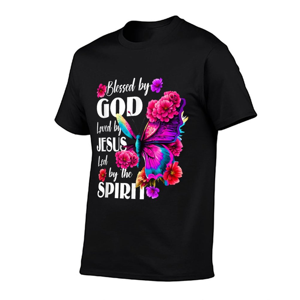 Blessed by God Loved by Jesus Floral Butterfly Christian  Heathered Texture T-Shirt