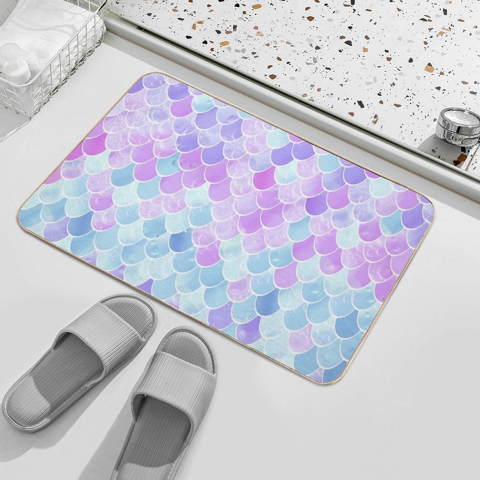 Cute Girls Mermaid Scales Pattern, Pink, Purple, Teal  Absorbent Bath Mat