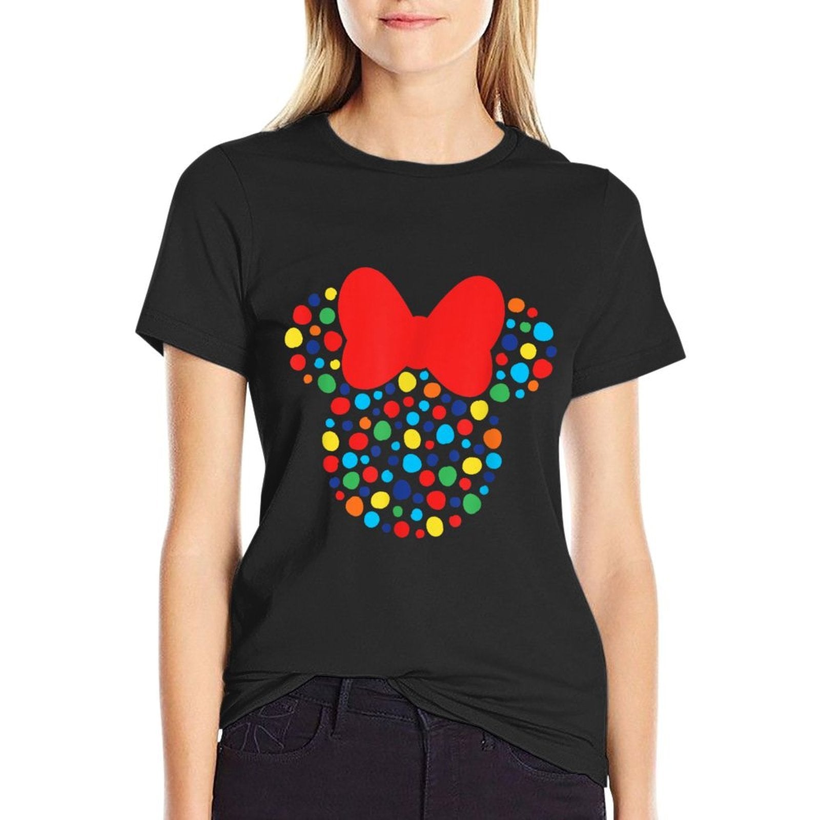 Disney Minnie Mouse Polka Dot Rainbow  Ribbed Collar T-Shirt