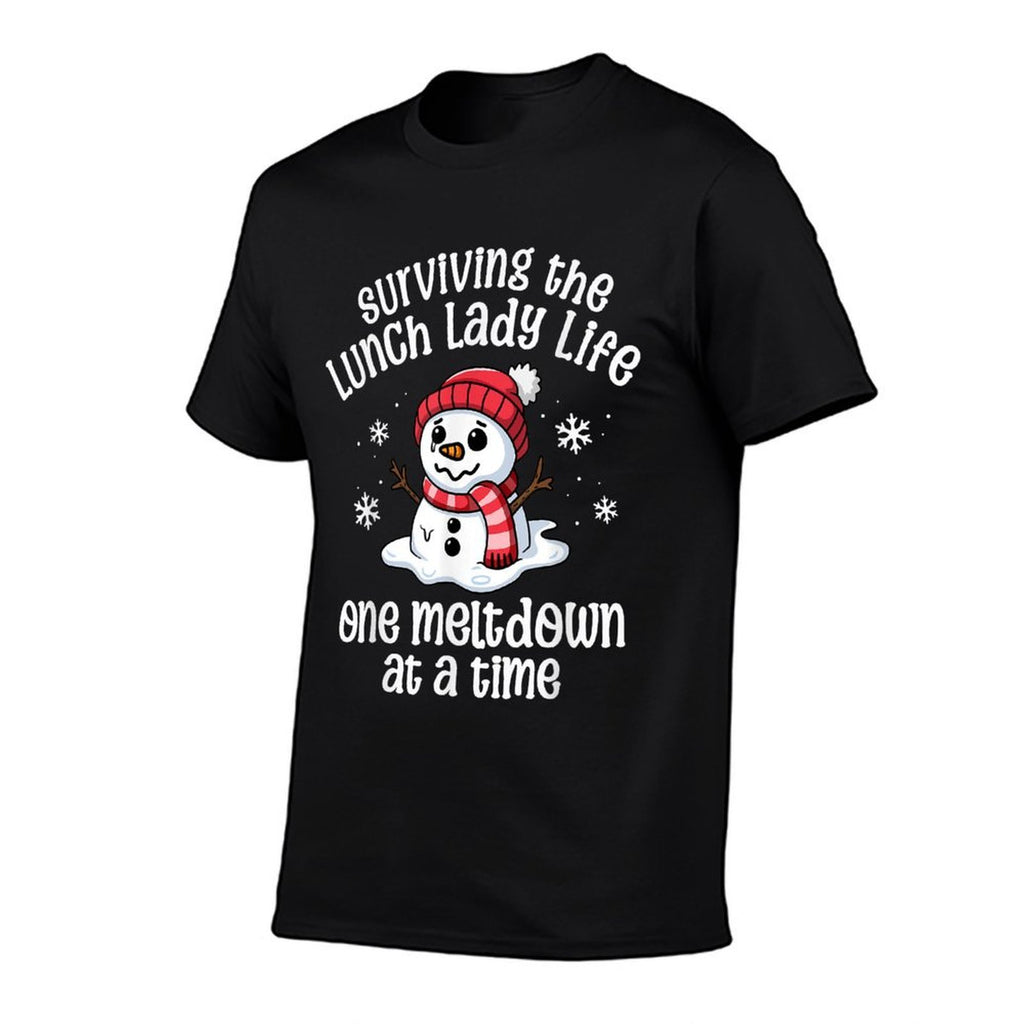 Lunch Lady Christmas One Meltdown At A Time Snowman Winter  Ribbed Collar T-Shirt