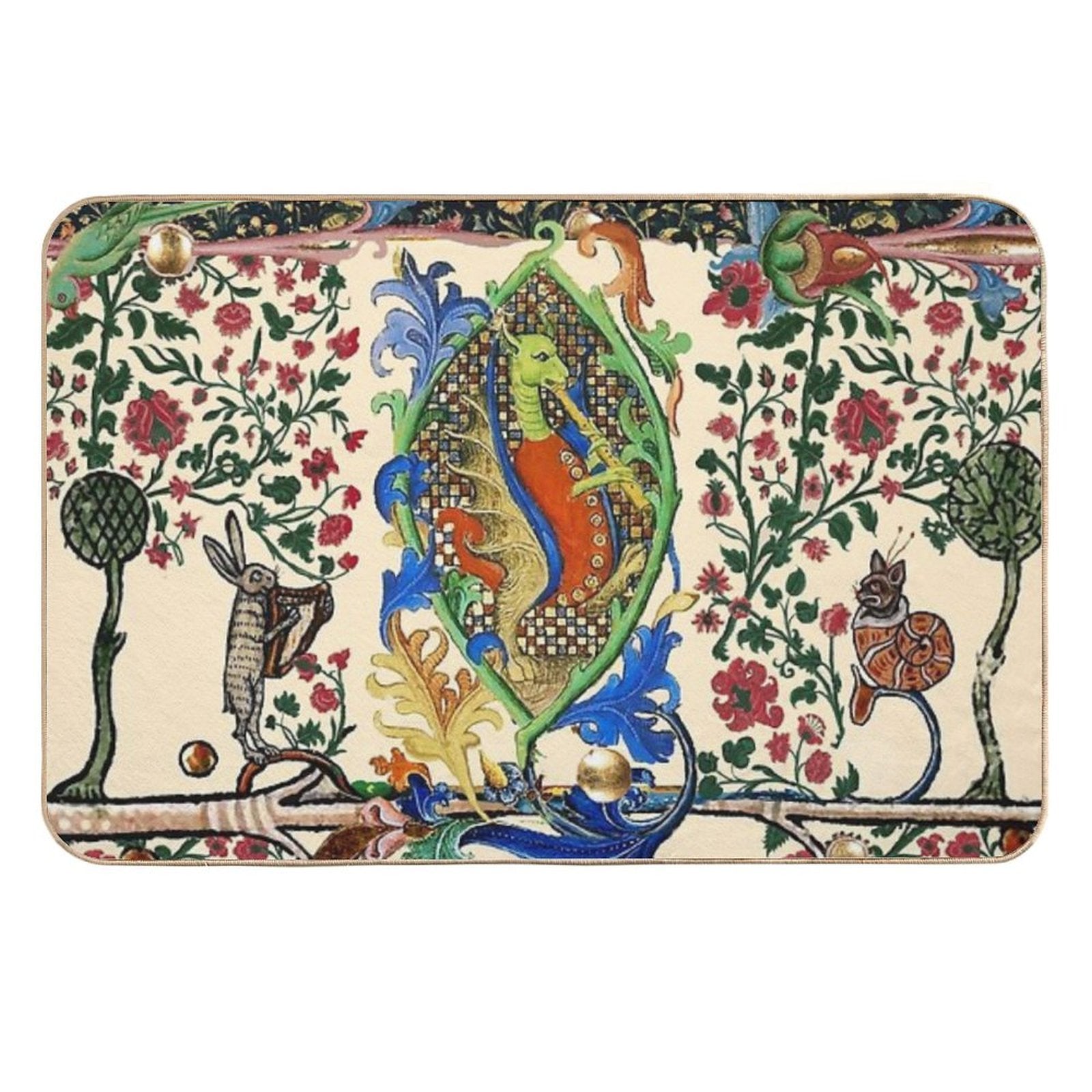 WEIRD MEDIEVAL BESTIARY MAKING MUSIC, Dragon Playing Flute ,Harpist Rabbit,Snail Cat  Slip-Resistant Bath Mat