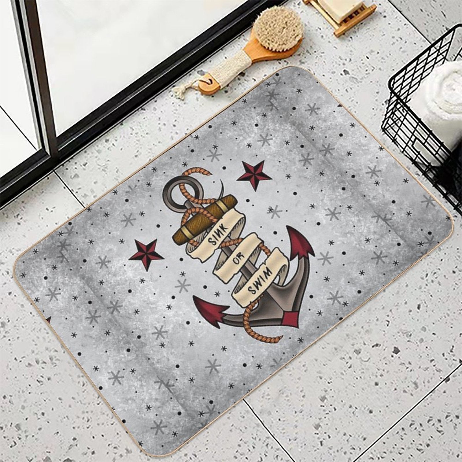 Old School Tattoo Style Design.  Easy To Clean Bath Mat