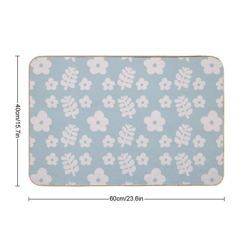 Mid Century Modern Flowers & Leaves, Cute Retro Pattern, Sky Blue  Dirt-Trapping Bath Mat