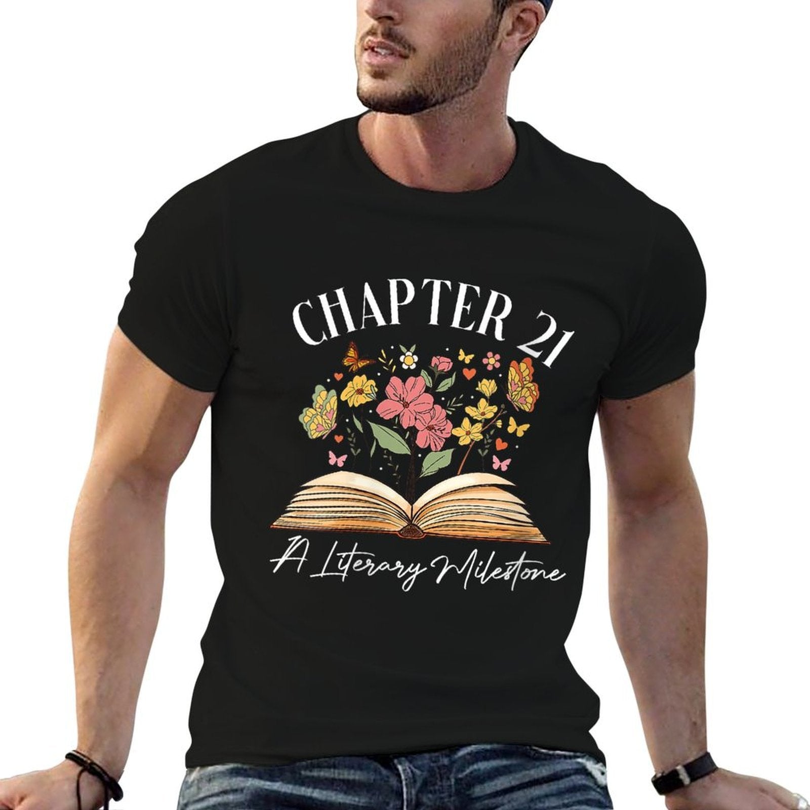 Womens Chapter 21 A Literary Milestone Flower Book 21st Birthday  Relaxed-fit T-Shirt