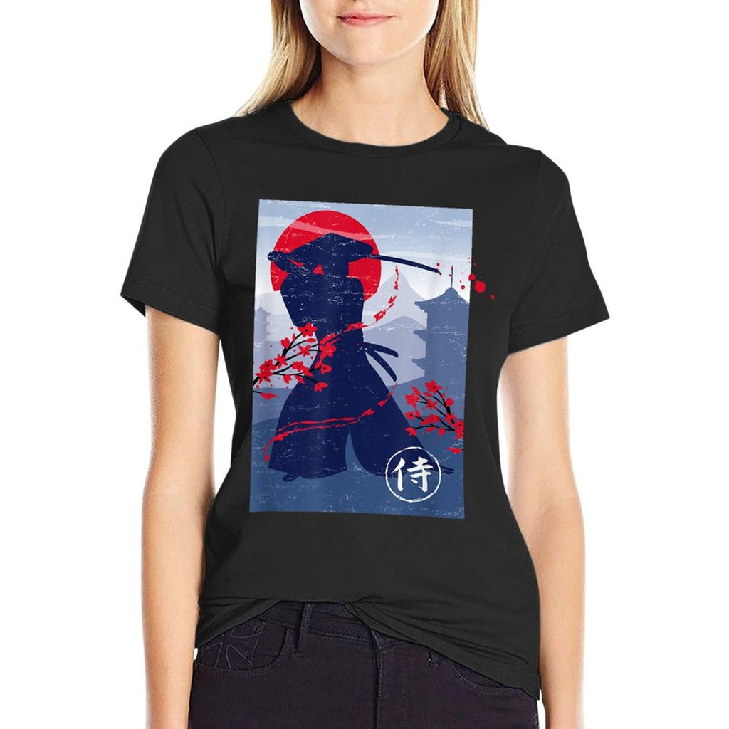 Japanese Samurai Swordsman  Ribbed Collar T-Shirt