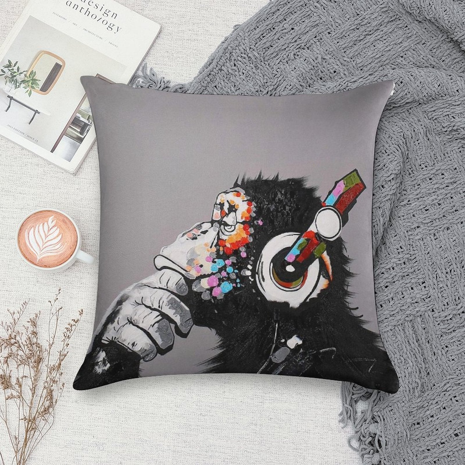 DJ Monkey With Headphones Thinking - Thinker Chimp Soft Ultra-Soft Texture Throw Pillow