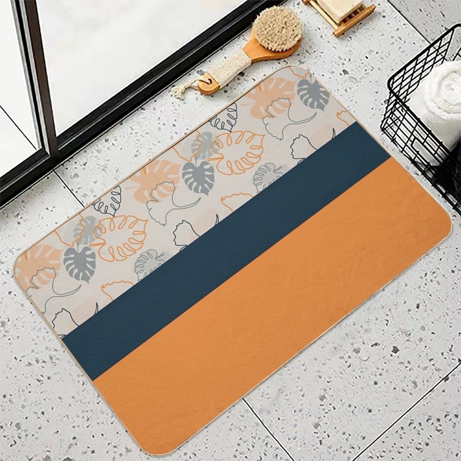 Autumn Leaves Are Dark Blue, Gray And Dark Yellow .  Fade-Resistant Bath Mat